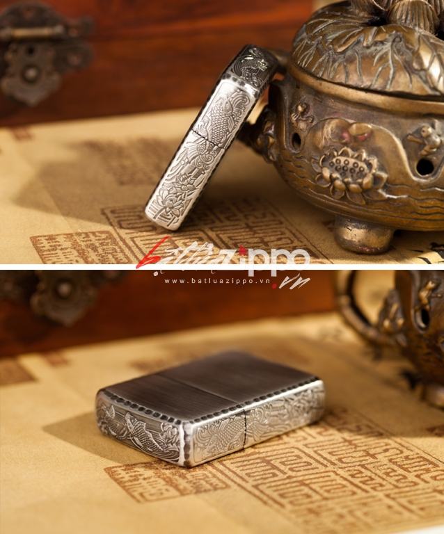 Bật lửa zippo bạc khắc cá chép vượt vũ môn xung quanh